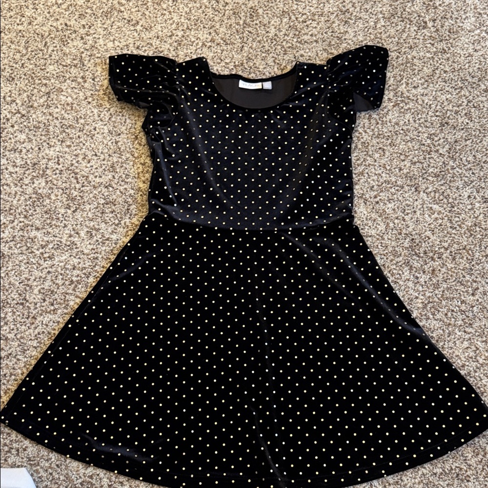 Place girls Black velvet dress with gold polka dots and  flutter sleeve size 16